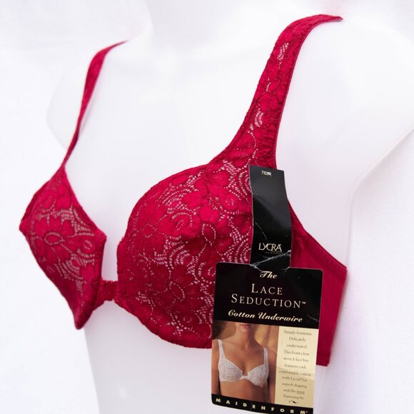 Vtg Maidenform 34D Red Lace Stretch Unlined Underwire Bra Front Closure 7829 NWT - Picture 3 of 7